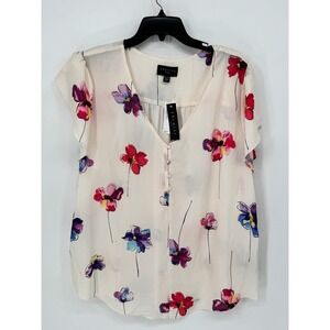 Premise Woman Blouse Women 2X Cream  Floral V-Neck Flutter Sleeve Button Front